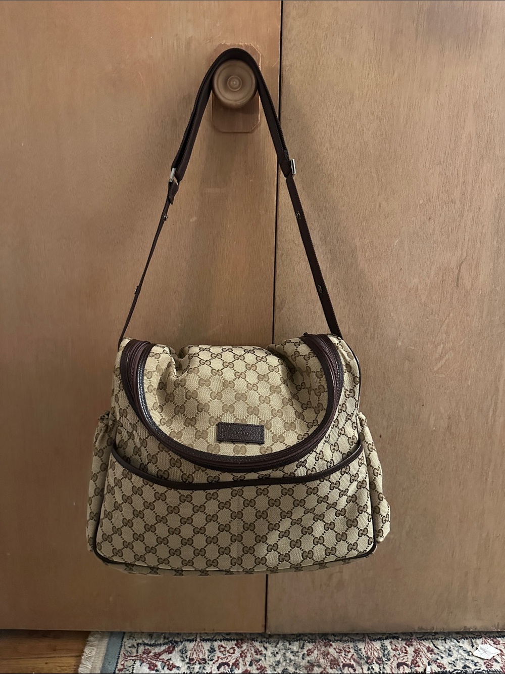 Gucci Beige Monogram Shoulder Diaper Bag with Brown Trim